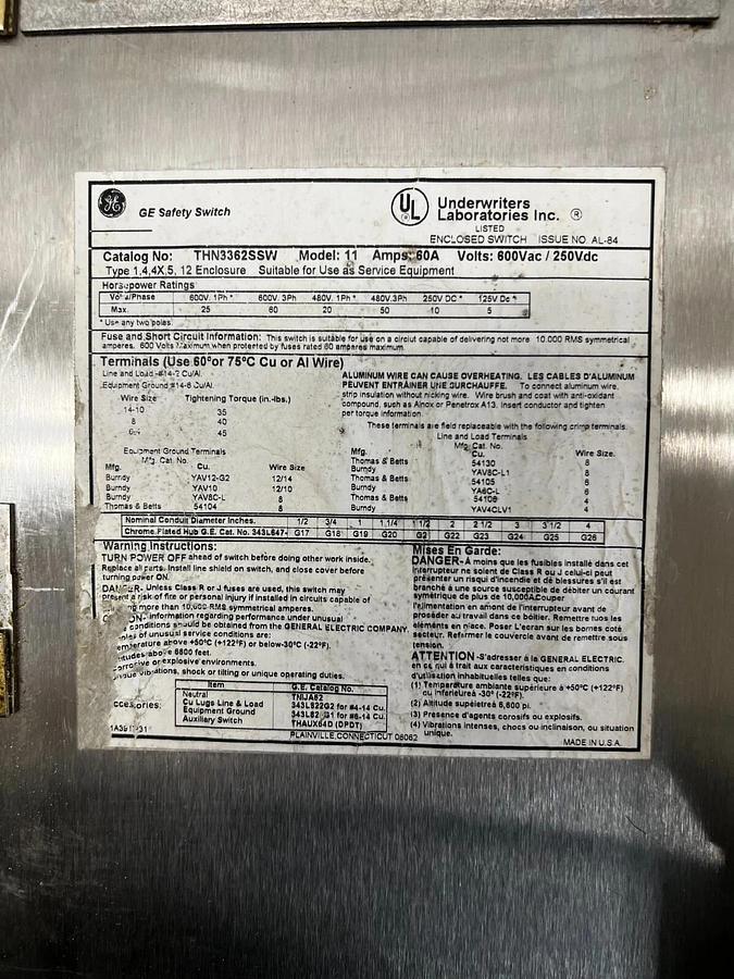 Used General Electric THN3362SSW Safety Switch 60 AMP, 600 VAC, Max HP 60 Model:11