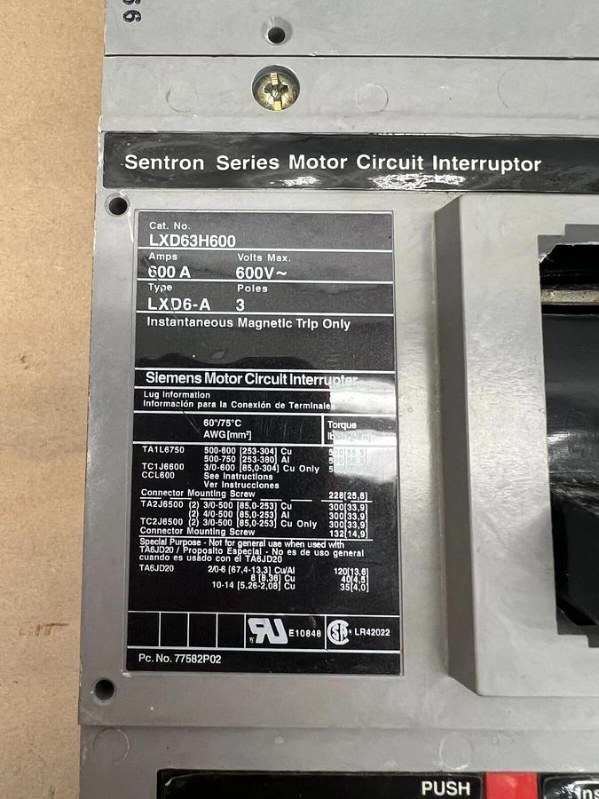 Used Siemens LXD63H600 Motor Circuit Interrupter, 3 Pole, 600A