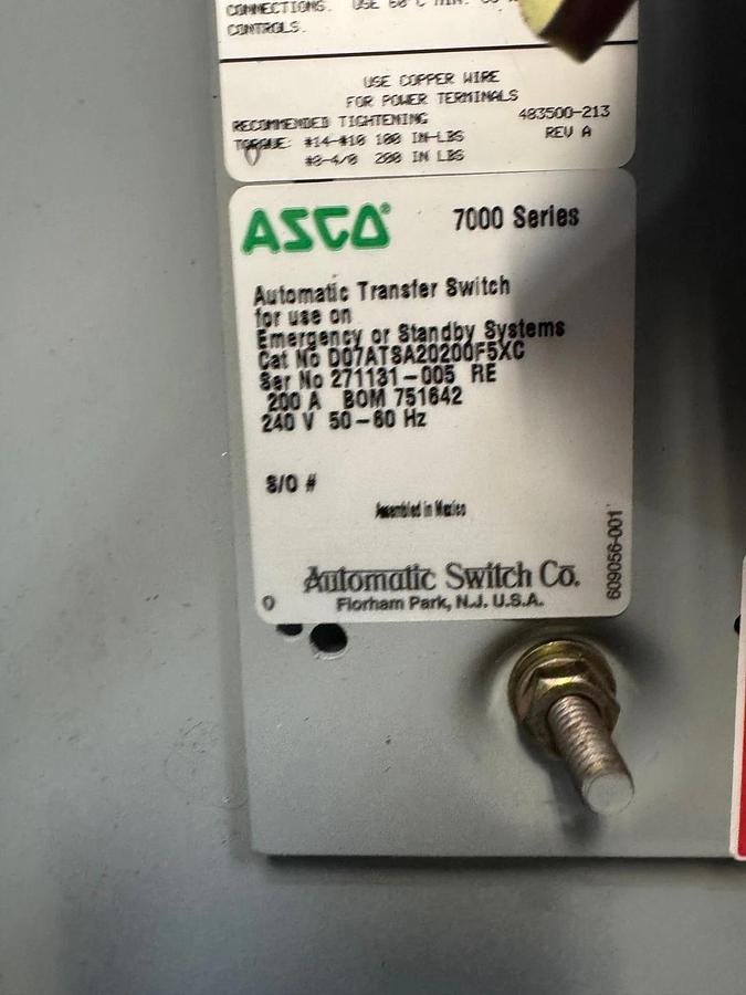 Used Asco D07ATSA20200F5XC 7000 Ser Automatic Transfer Switch 200A 240V Missing Knob