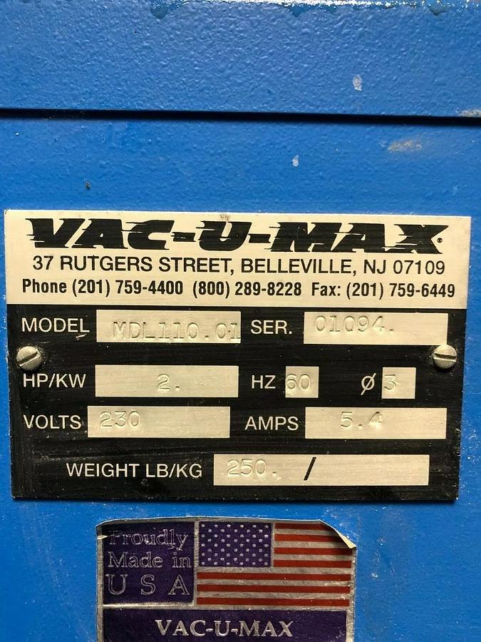 Used Vac-U-Max Model 110 Explosion Proof Industrial Vacuum Cleaner MDL110.01