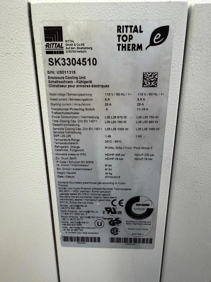 Used Rittal 3304510 Enclosure Cooling Unit, 26-28A, 115V, *Tested*