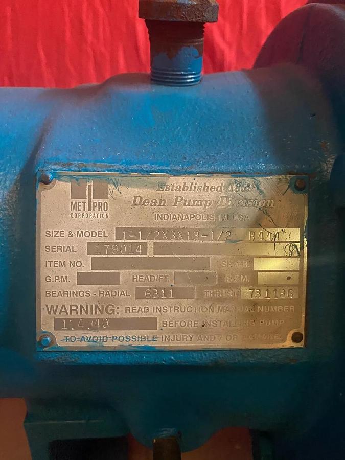 Used Dean Pump 1-1/2x3x13-1/2 R444 Pump With Marathon Motor 100HP, 5570 RPM
