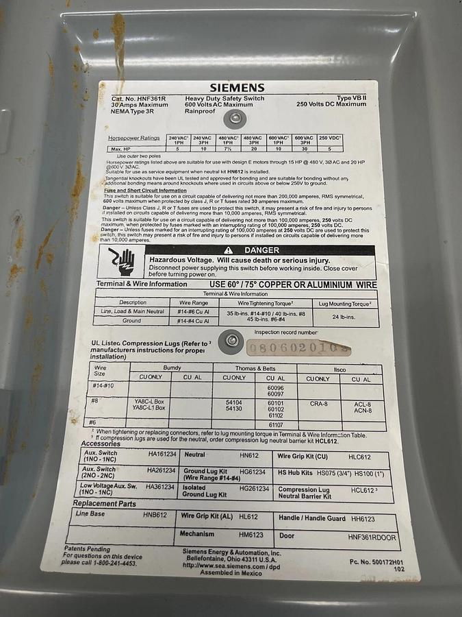Used Siemens HBF361R Heavy Duty Safety Switch 30A 600VAC 250VDC