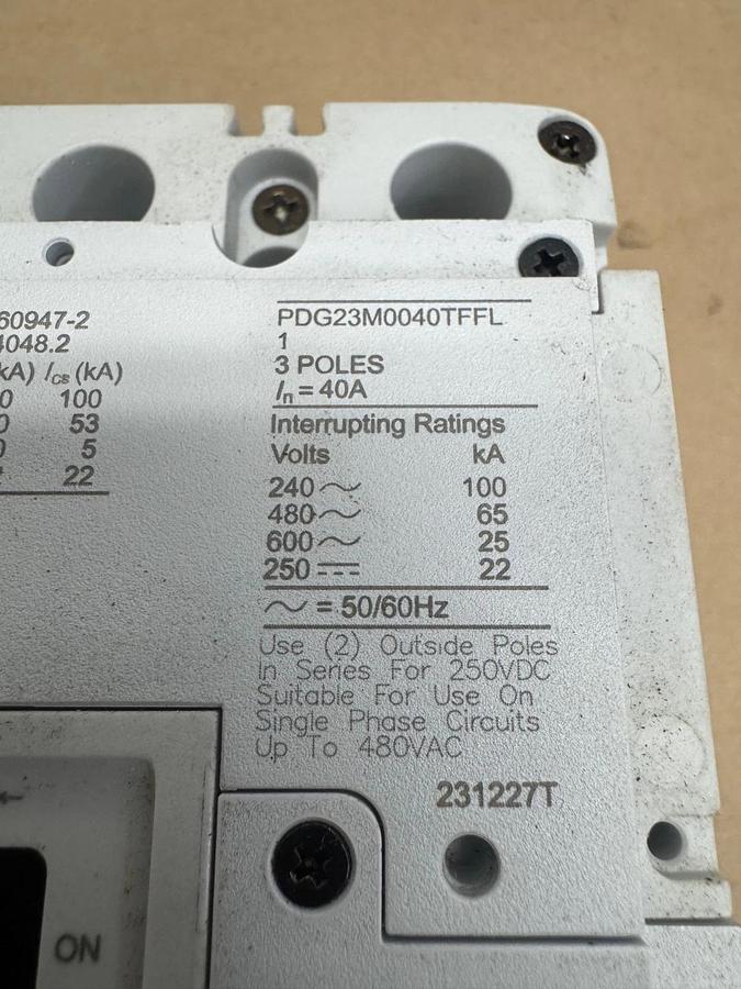 Used Eaton PDG23M0040TFFL 3 Pole 40A Circuit Breaker