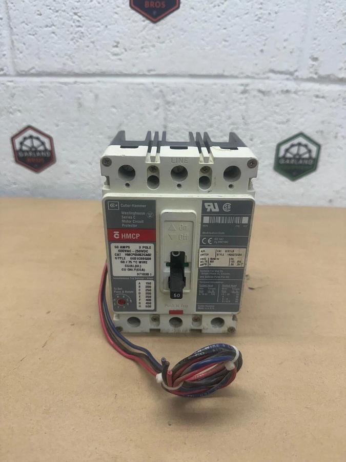 Used Cutler-Hammer HMCP050K2CA02 Industrial Circuit Breaker, 50 A, 600 V, 3 Pole