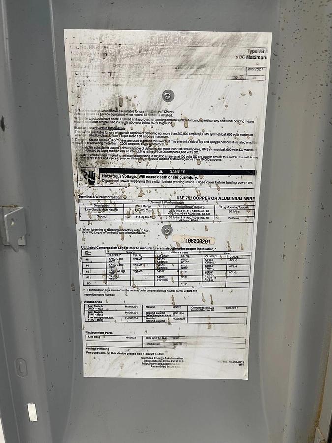Used Siemens HNF363 , Heavy Duty Safety Switch, 100 A, 600 VAC, 600 VDC, Non-Fusible