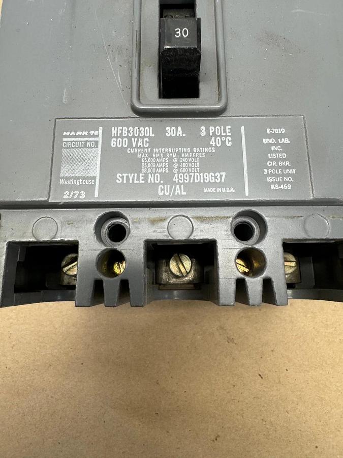Used Westinghouse HFB3030L Circuit Protector, 30 Amp, 3 Pole, 600 VAC