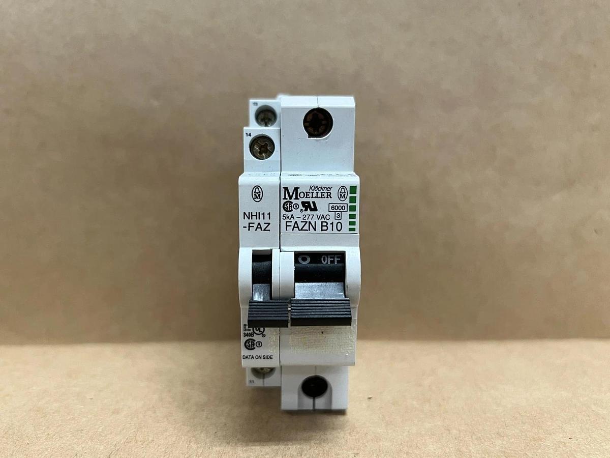 Used Moeller FAZN B10 10A, 1P Circuit Breaker w/NHI11-FAZ Aux. Contact - Lot of 10