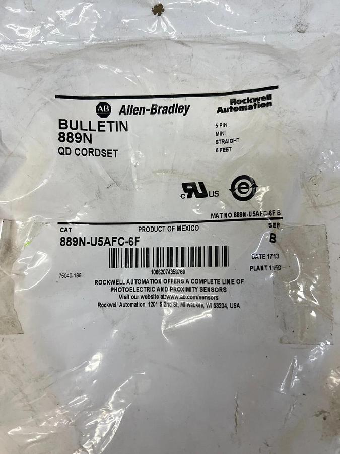 Used Allen Bradley 889N-U5AFC-6F Bulletin 889N QD Cordset, 6 feet
