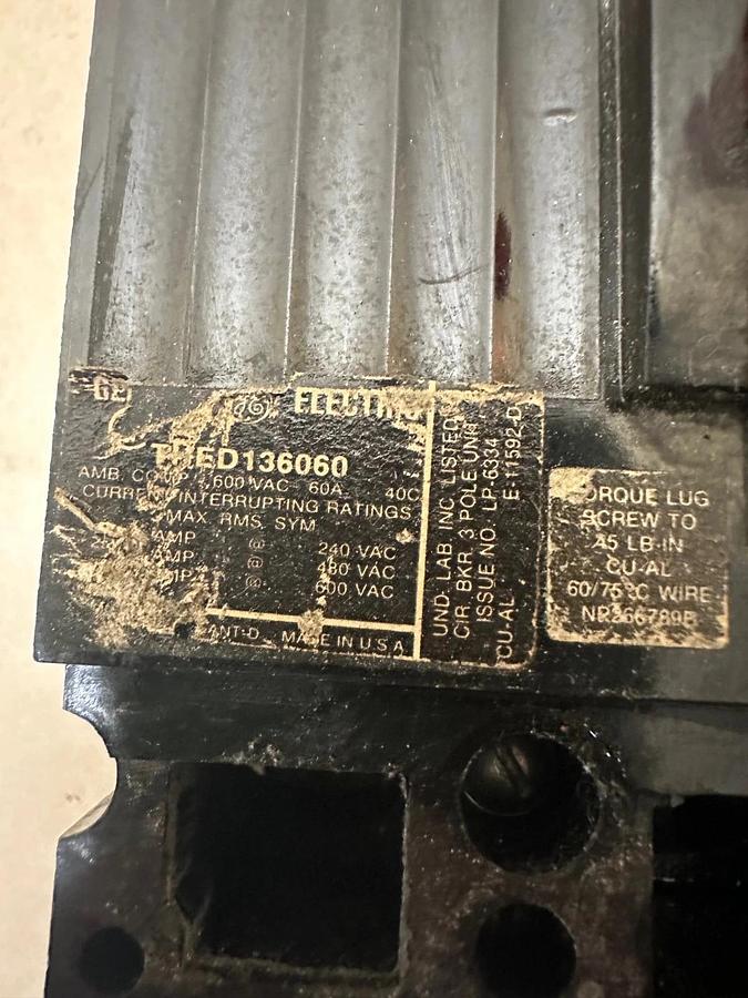 Used General Electric THED136060 60A 3 Pole Circuit Breaker