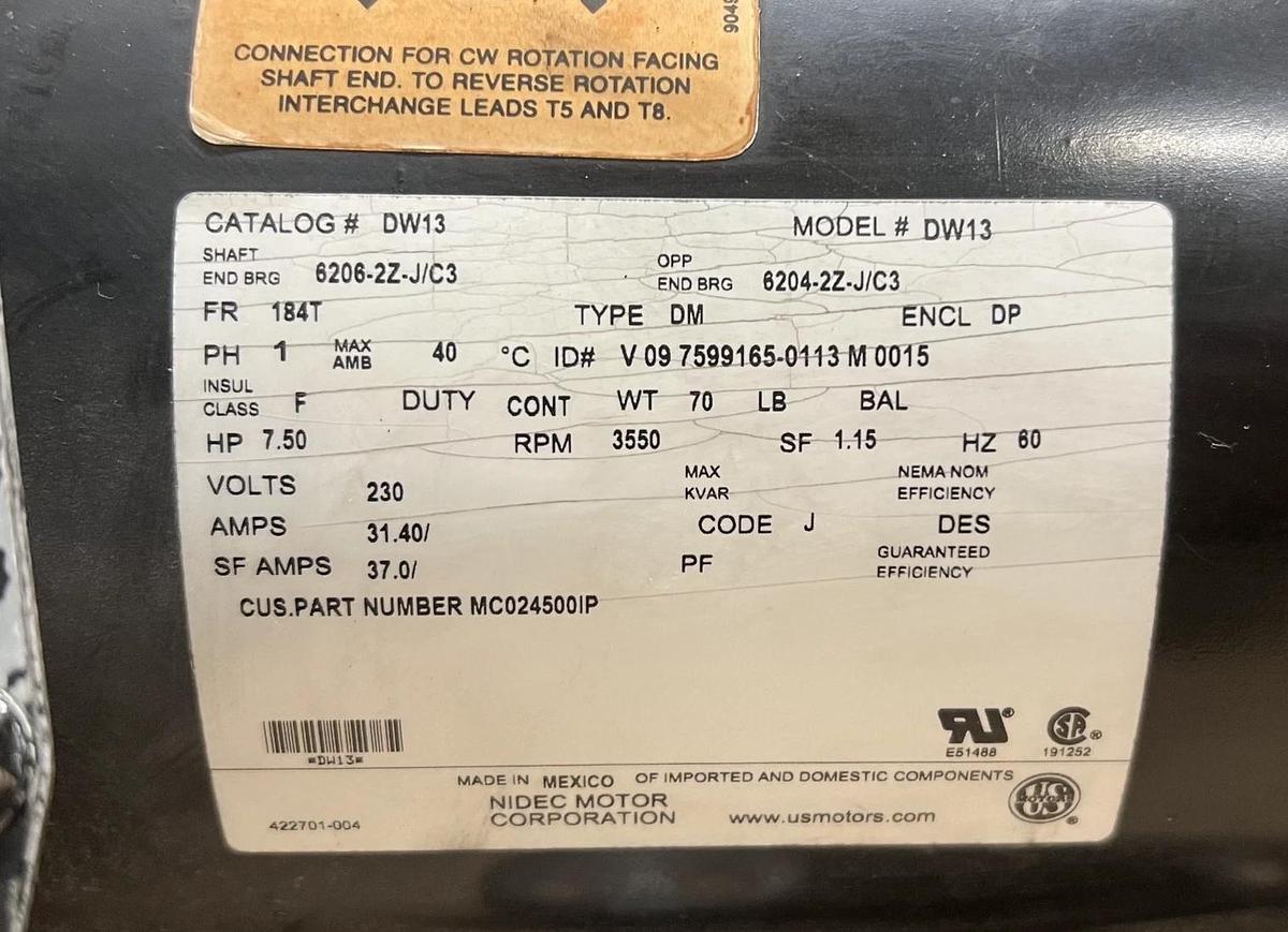 Used Nidec DW13 1Ph, 7.50Hp, 230V, 3550 RPM Motor