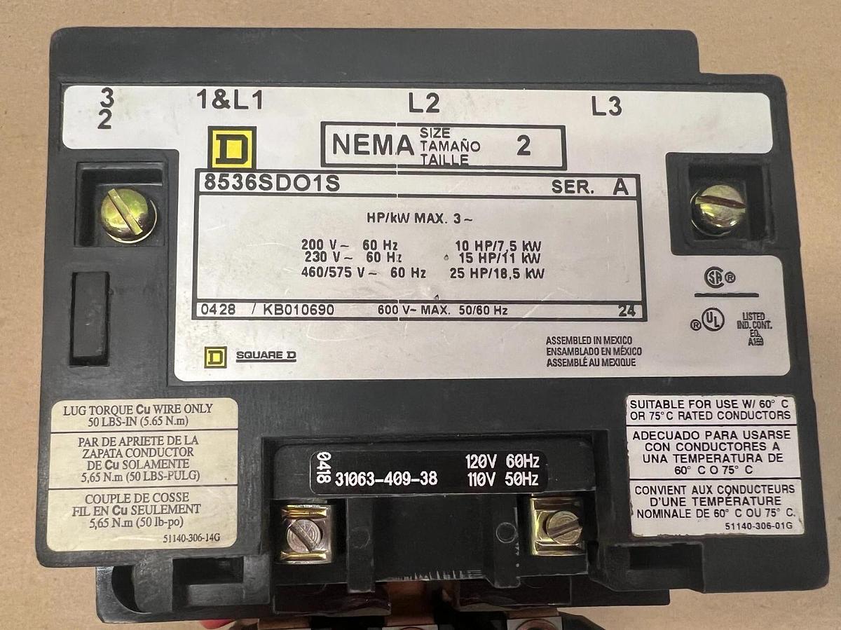 Used Square D 8536SDO1S NEMA Size 2, Ser A Starter, 15Hp @ 230V + 25Hp @460V
