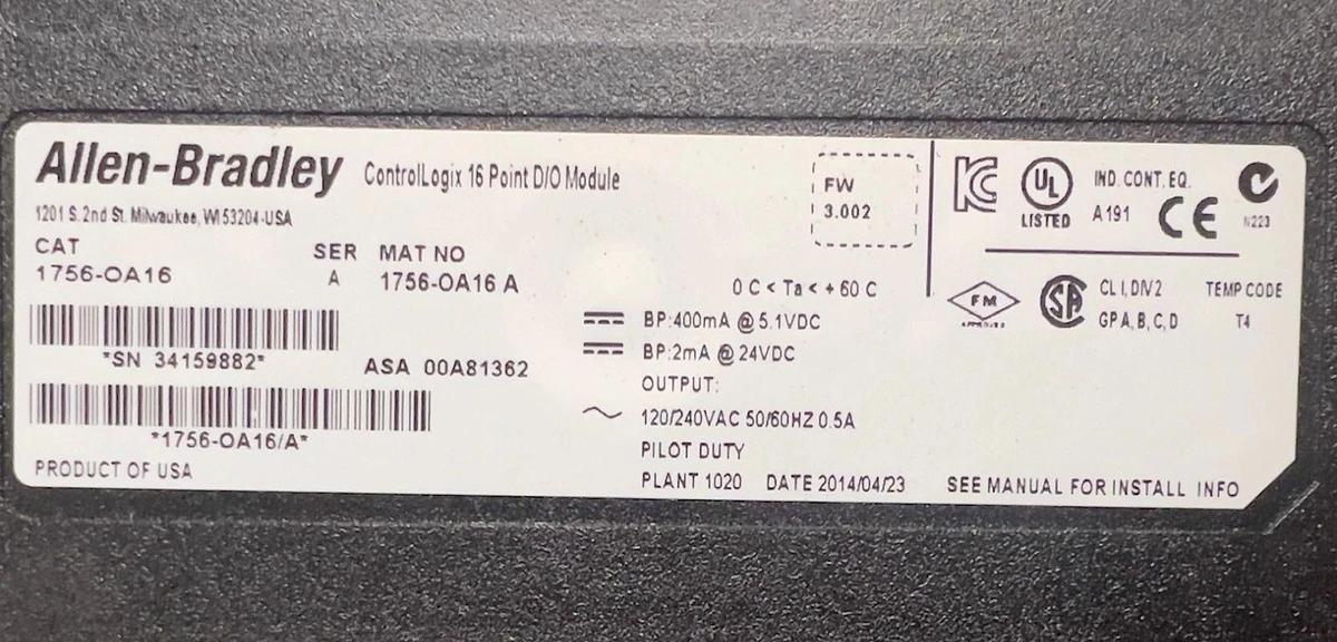 Used Allen Bradley 1756-OA16 Ser A ControlLogix 16 Point D/O Module FW 3.002