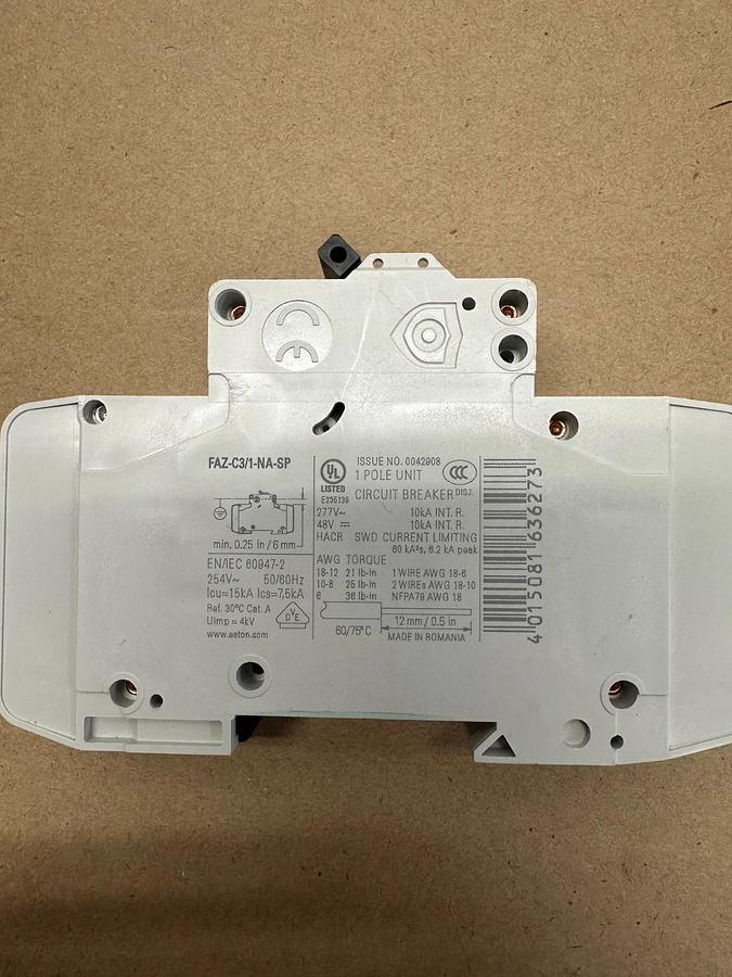 Used Eaton FAZ-C3/1-NA-SP Circuit Breaker 3A 1 Pole 277VAC