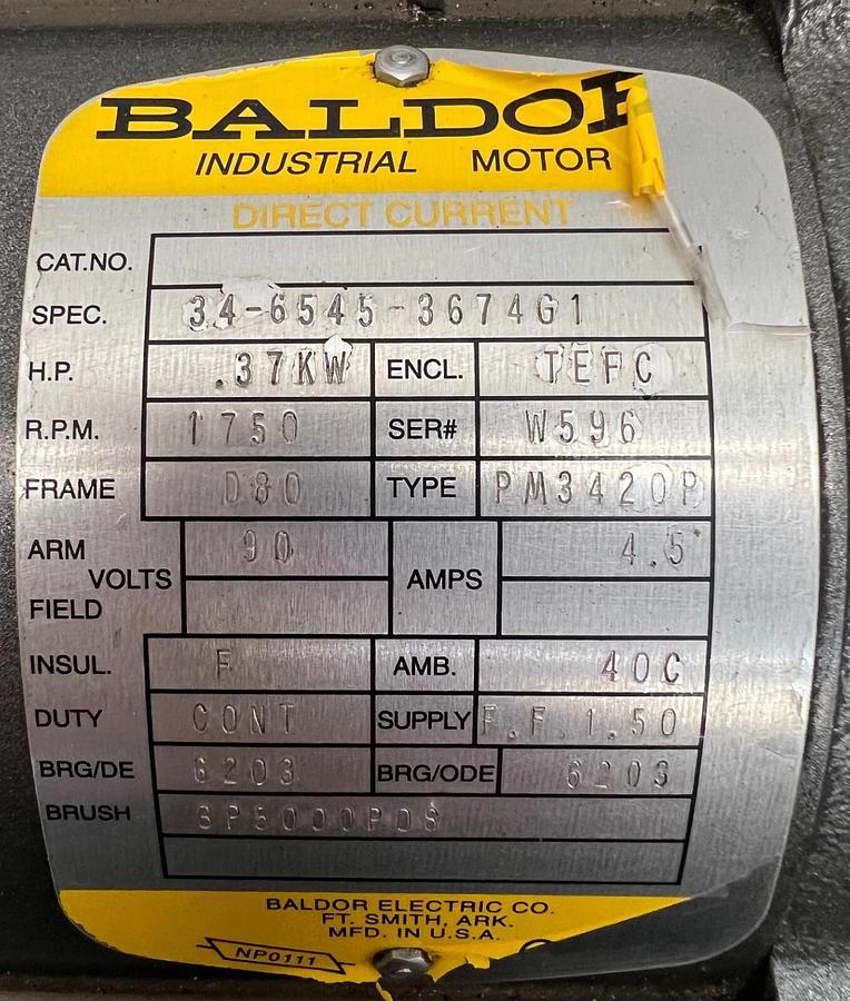 Used Baldor Electric Co 34-6545-3674G1 .37Hp, 1750RPM, D80 Frame, 90V, 4.5A Ind Motor