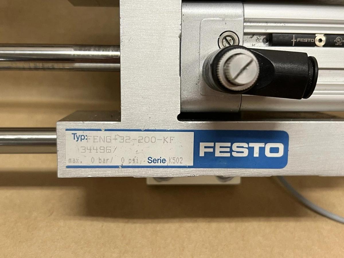 Used Festo FENG-32-200-KF Guided Pneumatic Cylinder Unit w/ DNC-32-200-PPV-A Cylinder