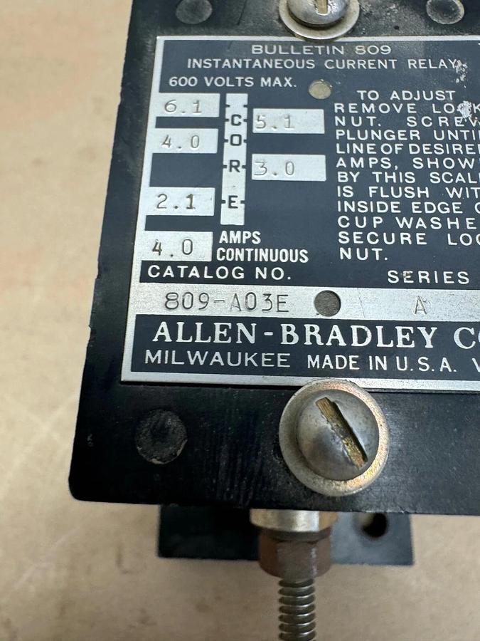 Used Allen Bradley 809-A03E Instantaneous Current Trip Relay, 600V Max
