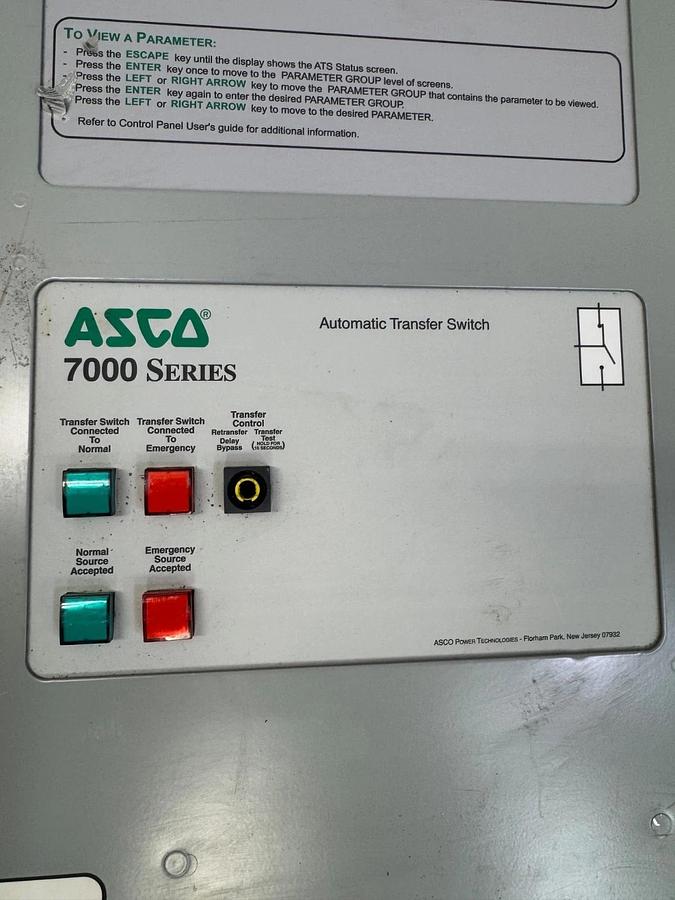 Used Asco D07ATSA20200F5XC 7000 Ser Automatic Transfer Switch 200A 240V Missing Knob