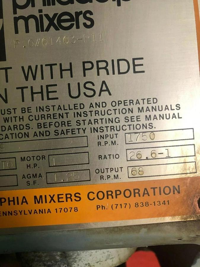 Philadelphia Mixers PMV-01 w/ SS Shaft and Prop and Reliance Electric 1.5 hp