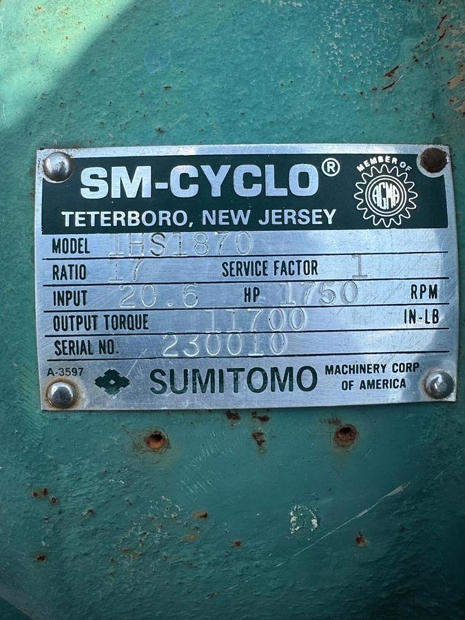 Used Sumitomo 1HS1870 SM Cyclo Reducer Ratio 17:1, Input: 20.6, 2” and 1-3/4" Shaft