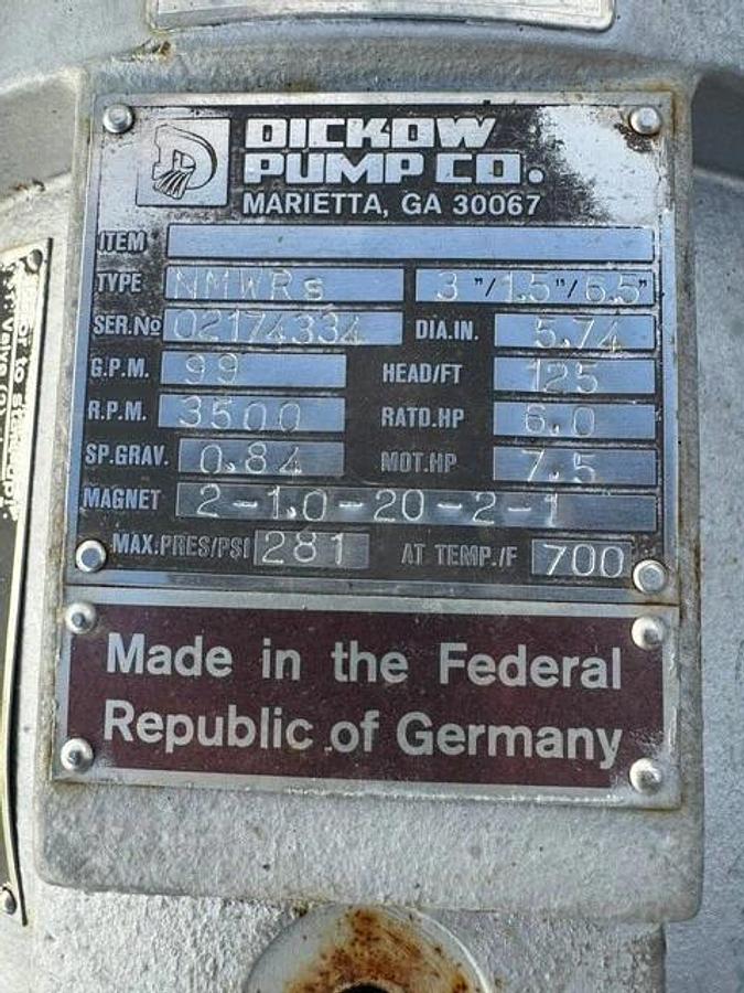 Used Dickow NMWRs SN:02174334 3”/ 1.5”/ 6.5” Pump, Siemens PE 21 Plus 7.5Hp AC Motor
