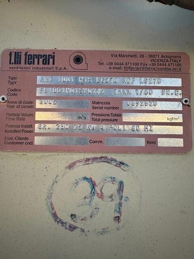 Used F. Lli Ferrari ART 1001 N16 L6270 ADF LG270 Centrifugal Fan, Toshiba 100Hp Motor