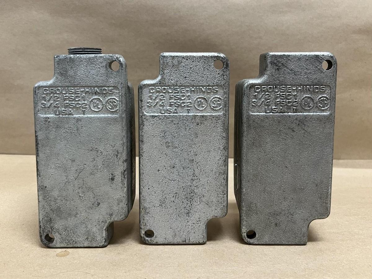 Used Crouse-Hinds FSC1/FSC2 1/2", 3/4" Cast Iron Electrical Conduit Box - Lot of 3