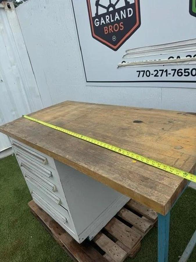 Used Stanley Vidmar 60” x 30” Butcher Top Desk, 5-Drawer Cabinet 30” x 28” Cabinet