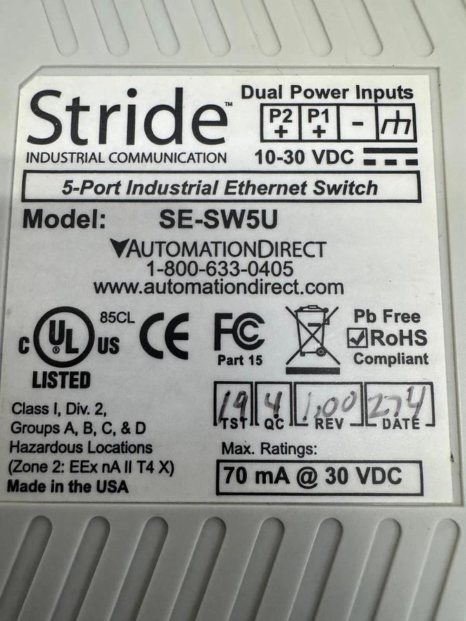 Used Stride SE-SW5U 5 Port Ethernet Switch, 70 mA @ 30 VDC