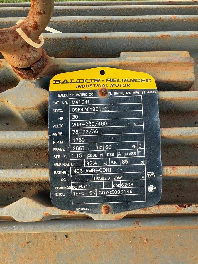 Used Baldor Reliance Ind Motor M4104T, 30Hp 1760RPM 208-230/460V 3 Ph 286T Frame 60Hz
