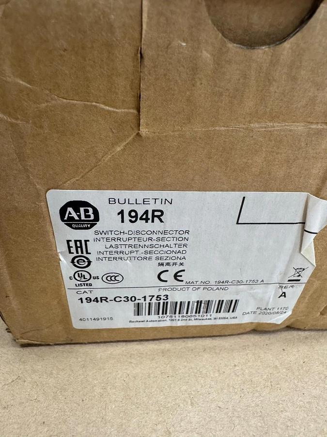 Used Allen Bradley 194R-C30-1753 Switch Disconnector *NEW*