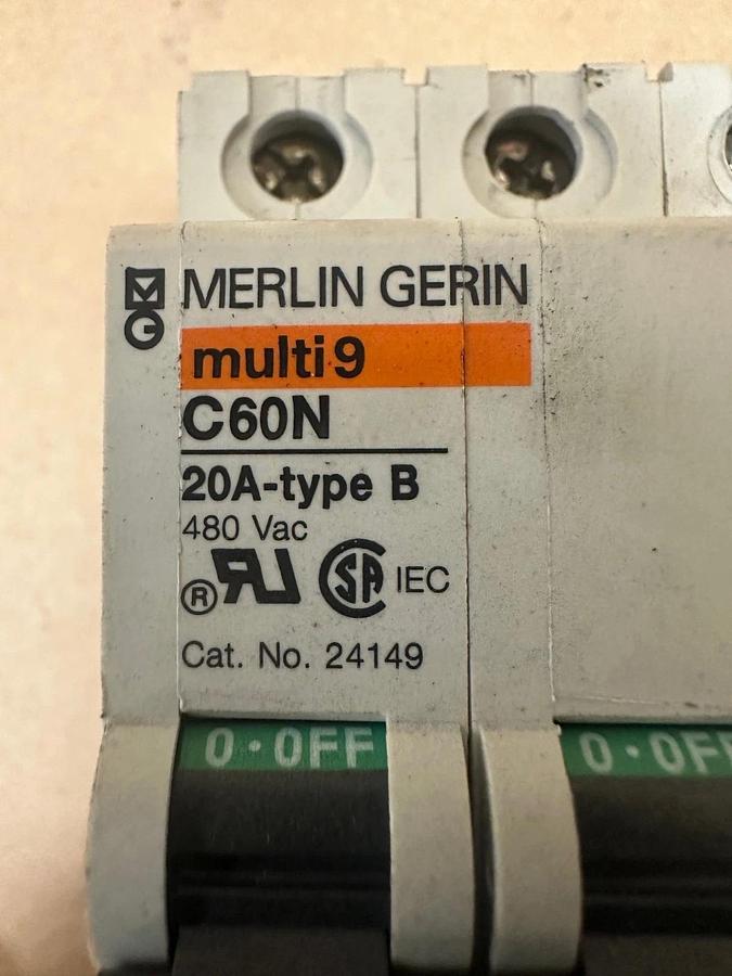 Used Merlin Gerin C60N Multi 9, 20A-Type B 3 Pole, 480VAC Breaker