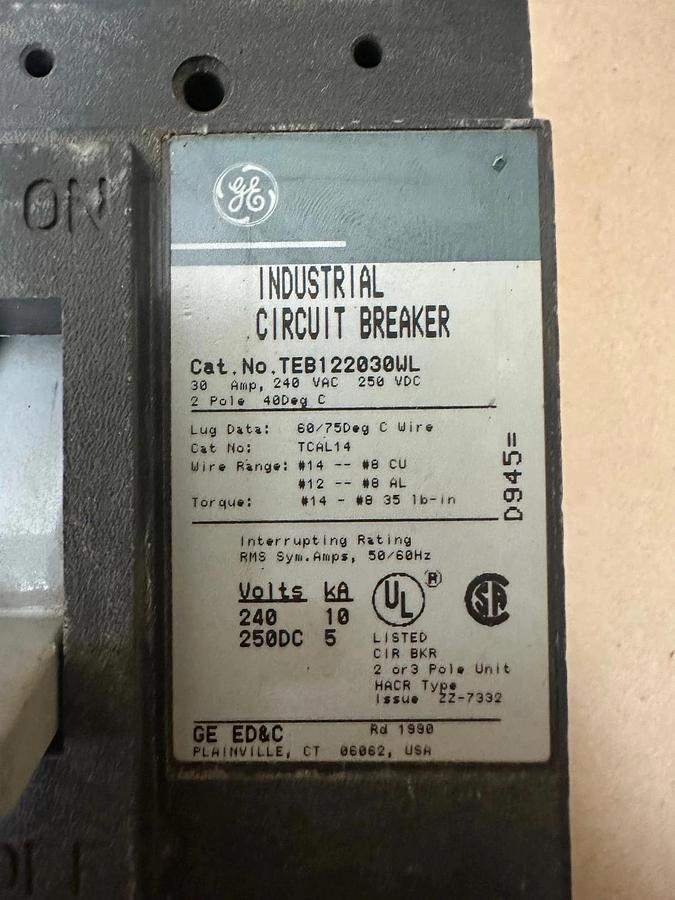 Used General Electric TEB122030WL 30A Circuit Breaker