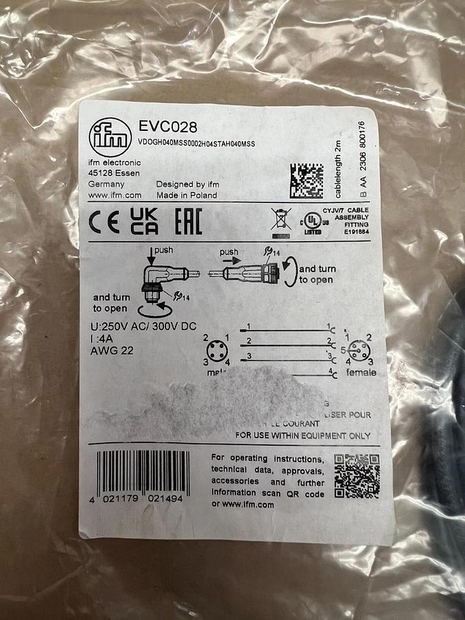 Used IFM EVC028 2m Cable Assembly