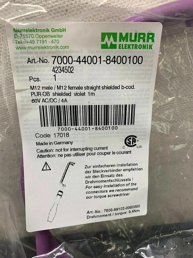 Used MURR Elektronik 7000-44001-8400100, m12 male/m12 female, 1m length