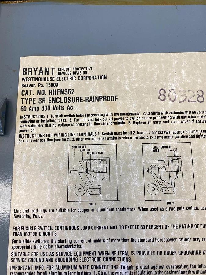 Used Westinghouse RHFN362 Safety Switch 3R Enclosure Rainproof 60 Amp/600V