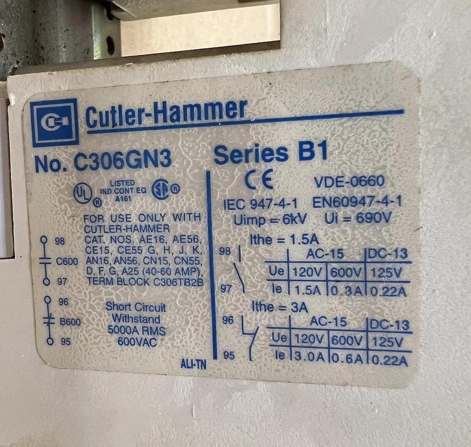 Used Cutler-Hammer AN16GN0 Nema Size 2, Series B1, 45A 3 Pole Motor Start
