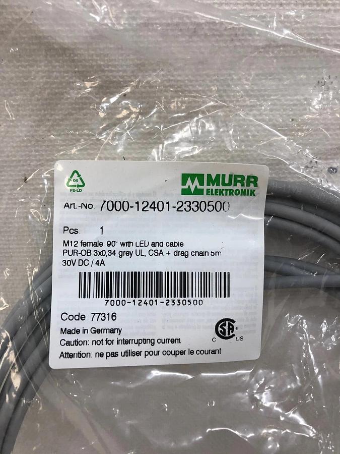 Used MURR ELEKTRONIK 7000-12401-2330500 M12 Female 90° LED, PUR 3x0.34 Gray