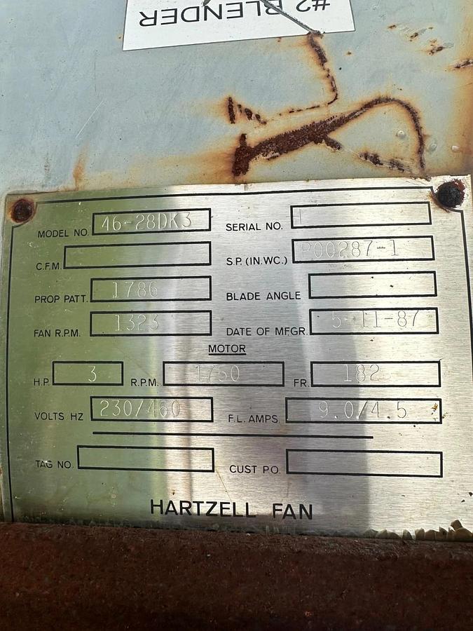 Used Hartzell Fan 46-28DK3, Axial Inline Blower, 10Hp Motor @ 1770RPM, 575V