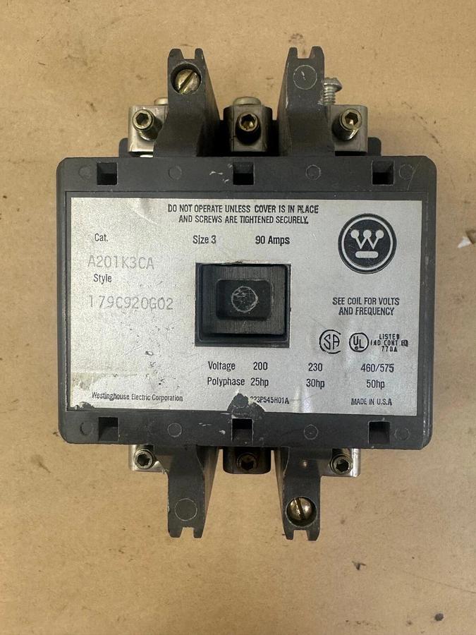 Used Westinghouse A201K3CA Size 3 Starter Contactor, 200-230-460/575 V, 25-30-50Hp