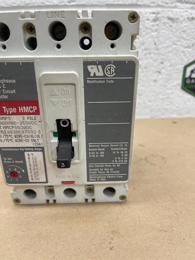 Used Westinghouse HMCP003A0C Motor Circuit Protector, Ser C, 3A, 3 Pole, 600VDC