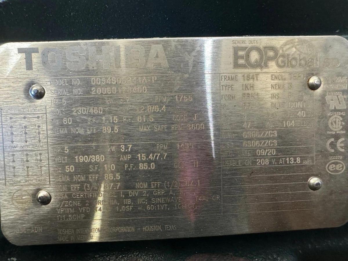 Used Toshiba 0054SDSR41A-P, 5HP Motor, 1755RPM, 230/460V, 3 Ph, 184T Fr, 60Hz
