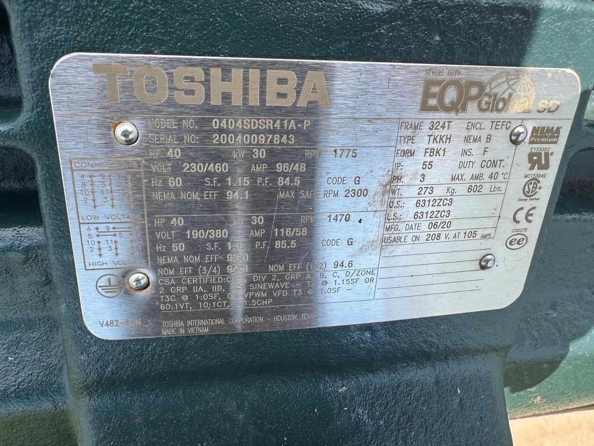 Used Toshiba 0404SDSR41A-P 40Hp (30kW) Motor @ 1775 RPM, EQP Global, 230/460V, 96/48A