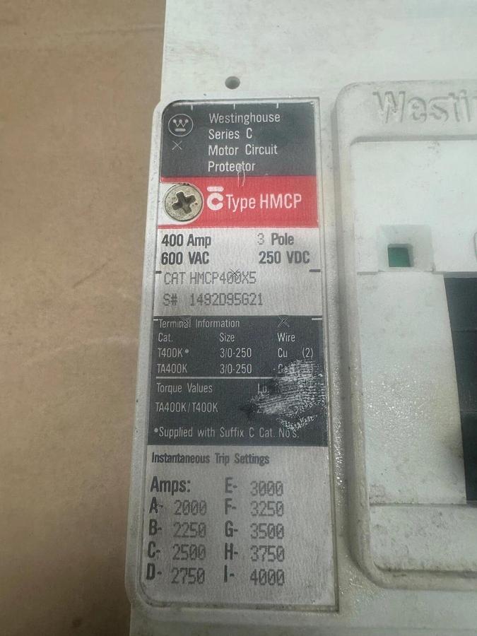 Used Westinghouse HMCP400X5 Circuit Breaker, 400 A, 600VAC, 250VDC, 3 Pole