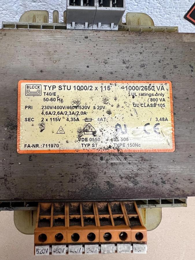 Used Block STU 1000/2 x 115 T40/E, 50-60Hz, 230/460V, 1000/2650VA Transformer