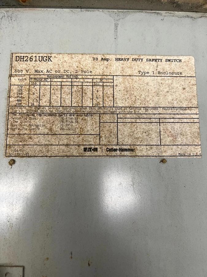 Used Eaton DH261UGK Heavy Duty Safety Switch 600V, 30A