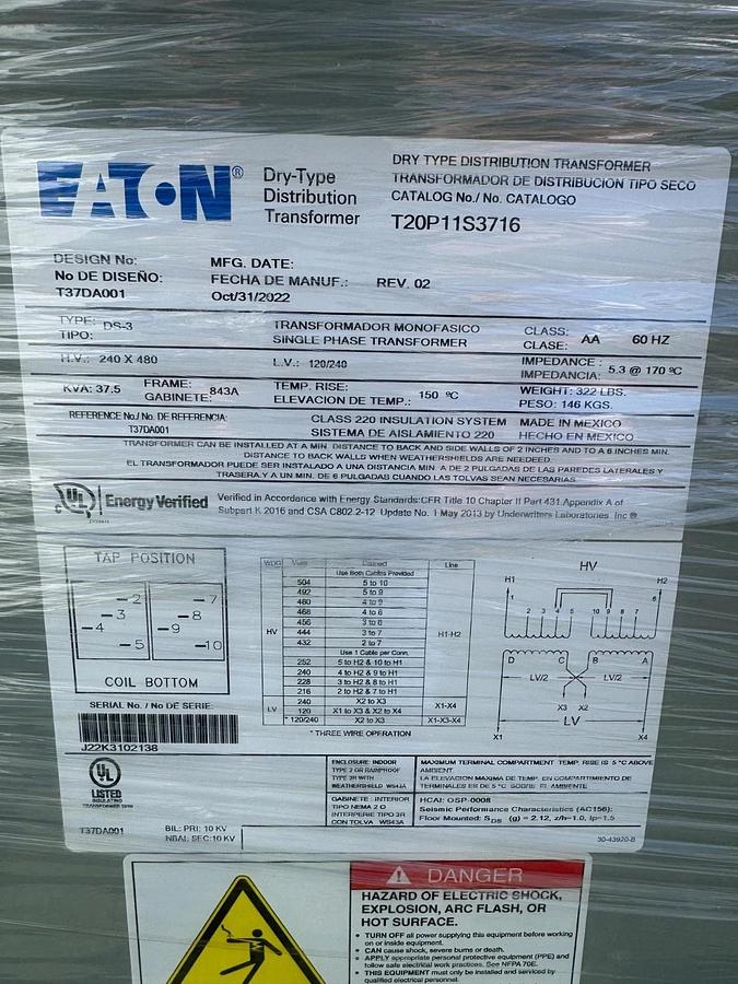 Used Eaton T20P11S3716 General Purpose Ventilated Transformer 37.5kVA, T37DA001, 1 Ph