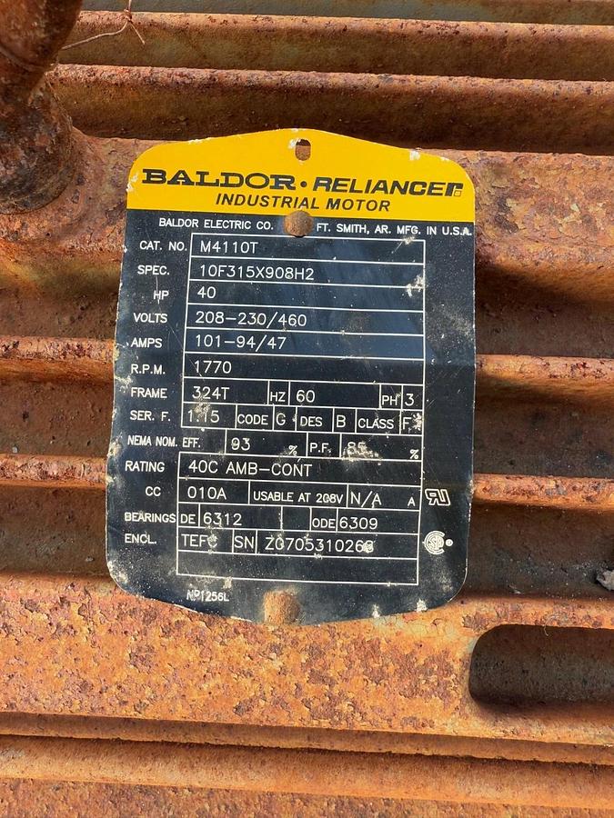 Used Baldor Reliance M4110T, 40HP, 1770RPM, 208-230/460V, 3Ph, 324T FR, 60Hz
