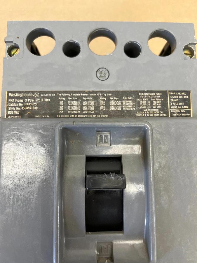 Used Westinghouse HKA3225F 3 Pole, 600VAC Circuit Breaker 225A