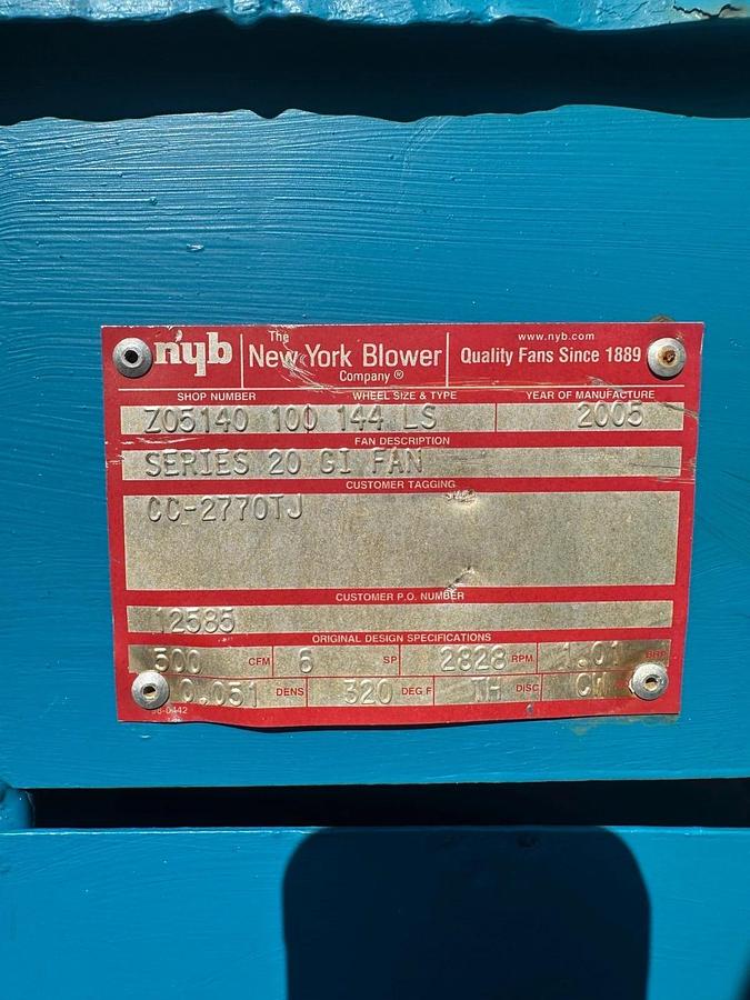 Used New York Blower 20-GI Top Horizontal CW 90, 1.5Hp @ 1740Rpm, 208-230/460V